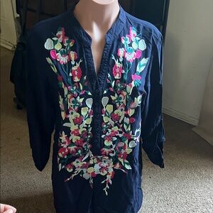 #134 Floral Embroidered Navy Blouse